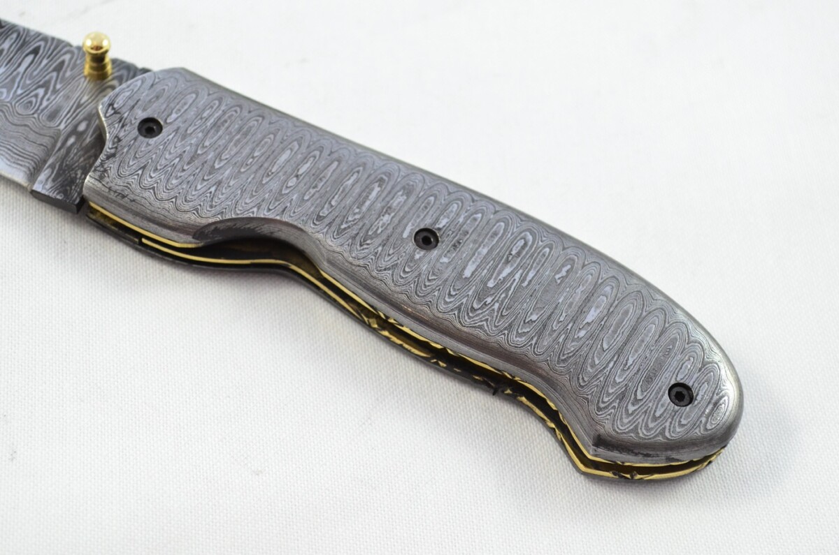 Ladder Pattern Full Damascus Bladed and scaled Handled Pen/Pocket Tool With Leather Sheath - Image 3