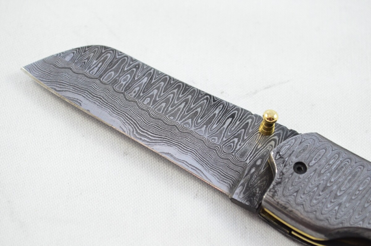 Ladder Pattern Full Damascus Bladed and scaled Handled Pen/Pocket Tool With Leather Sheath - Image 4