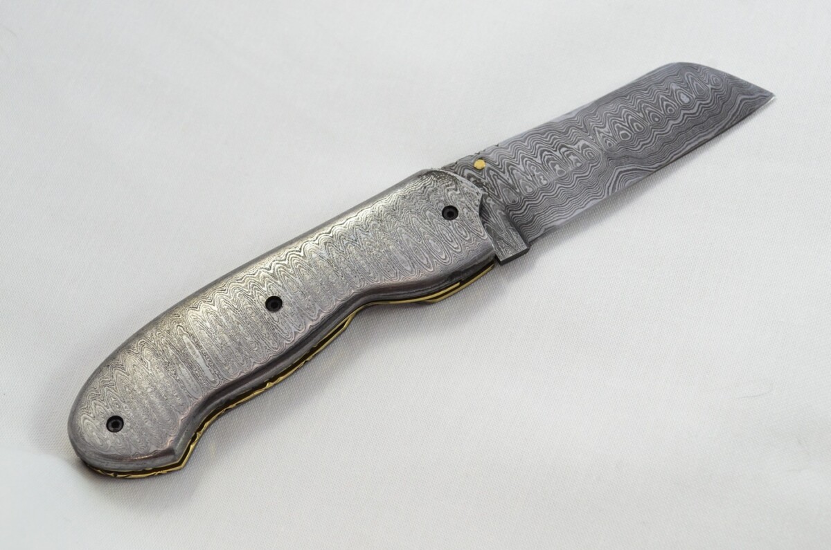 Ladder Pattern Full Damascus Bladed and scaled Handled Pen/Pocket Tool With Leather Sheath - Image 5