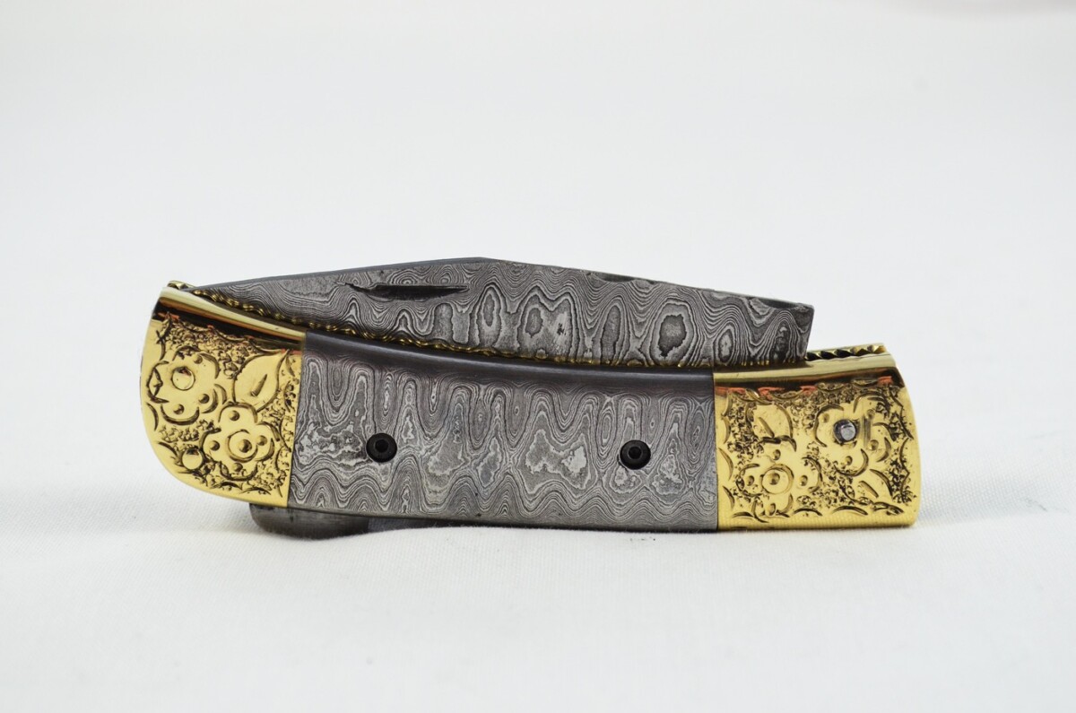 Brass Tip & Toe Full Damascus Bladed and scaled Handled Pen/Pocket Tool With Leather Sheath - Image 8