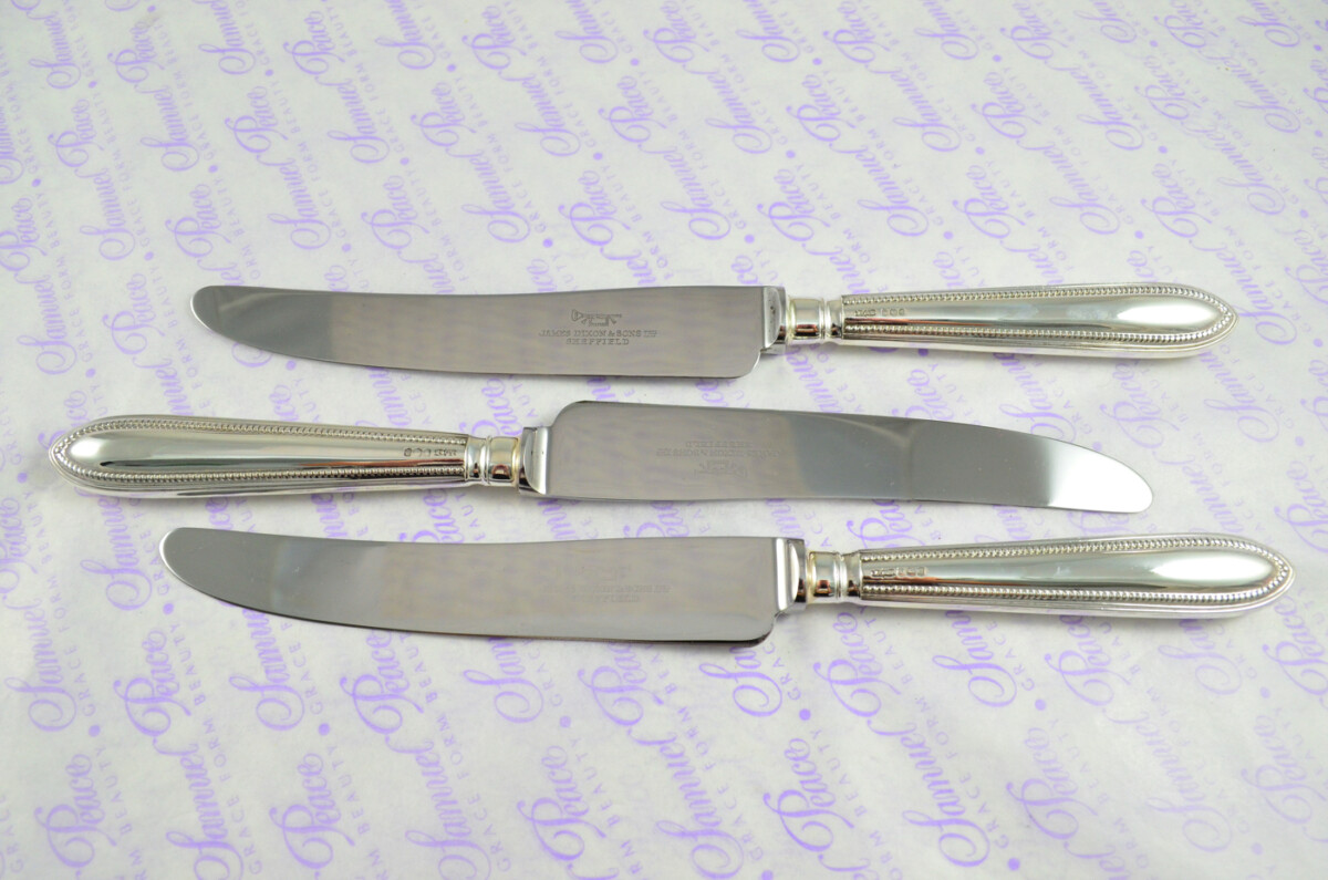3 Table & 3 Dessert Knives Sterling Silver 1898 Pointed Bead J Dixon & Sons Sheffield Assayed - Image 6
