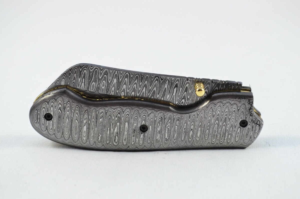 Ladder Pattern Full Damascus Bladed and scaled Handled Pen/Pocket Tool With Leather Sheath - Image 7