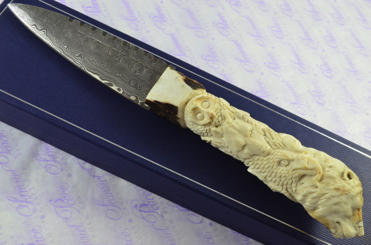 Amazing Bespoke Hand Carved Bear Scene Stag Horn Antler Handle Sgian Dubh Damascus Blade Sheffield England