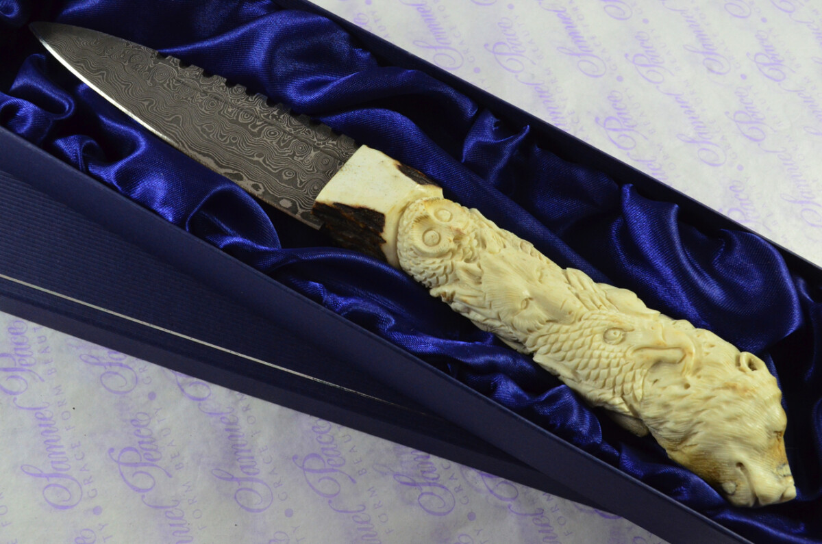 Amazing Bespoke Hand Carved Bear Scene Stag Horn Antler Handle Sgian Dubh Damascus Blade Sheffield England - Image 2