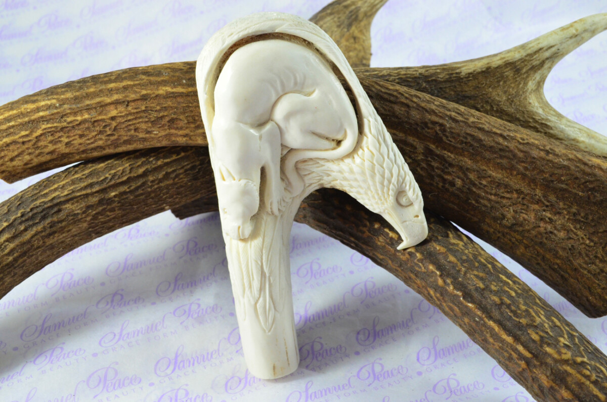 Astonishing Hand Carved American Eagle & Wolf Walking Stick Cane Top Handle Stag Antler Horn Made Sheffield England