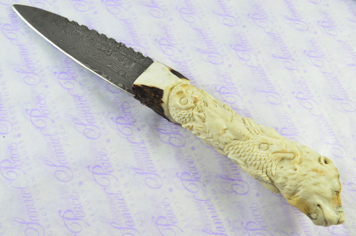 Amazing Bespoke Hand Carved Bear Scene Stag Horn Antler Handle Sgian Dubh Damascus Blade Sheffield England - Image 4