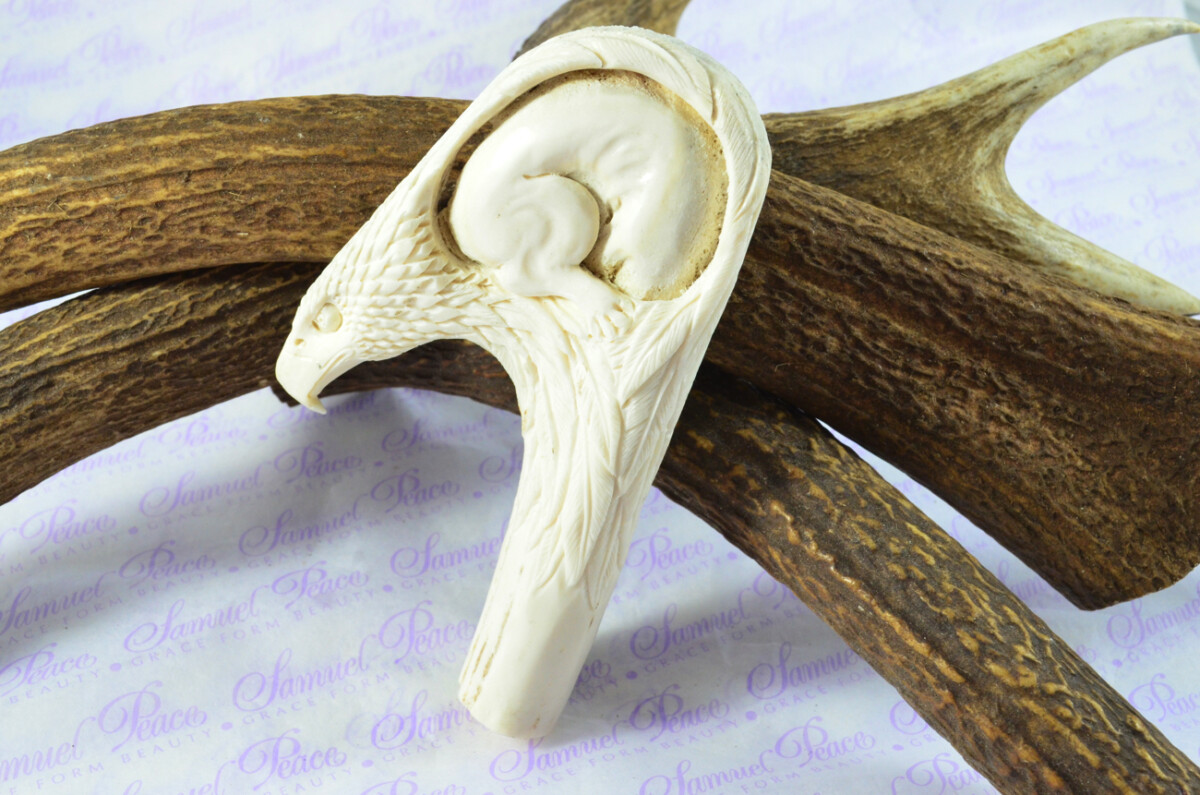 Astonishing Hand Carved American Eagle & Wolf Walking Stick Cane Top Handle Stag Antler Horn Made Sheffield England - Image 2