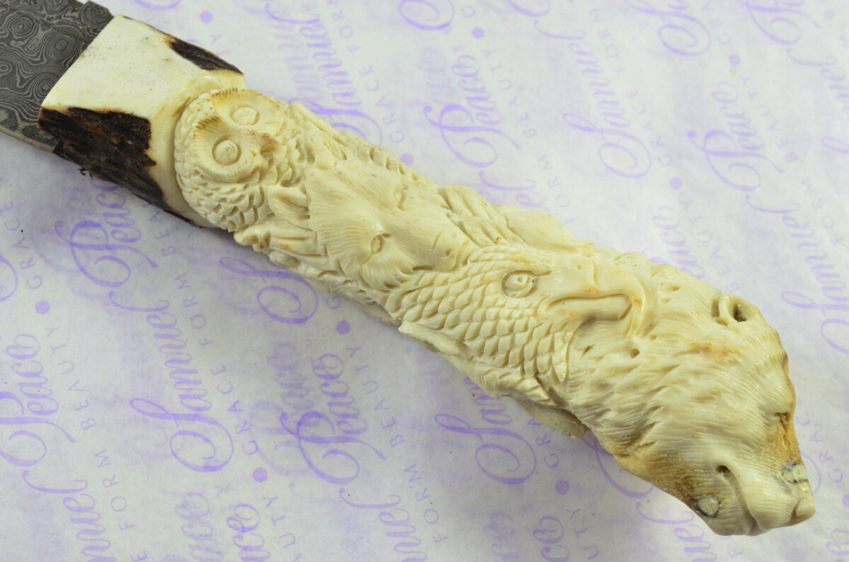 Amazing Bespoke Hand Carved Bear Scene Stag Horn Antler Handle Sgian Dubh Damascus Blade Sheffield England - Image 5