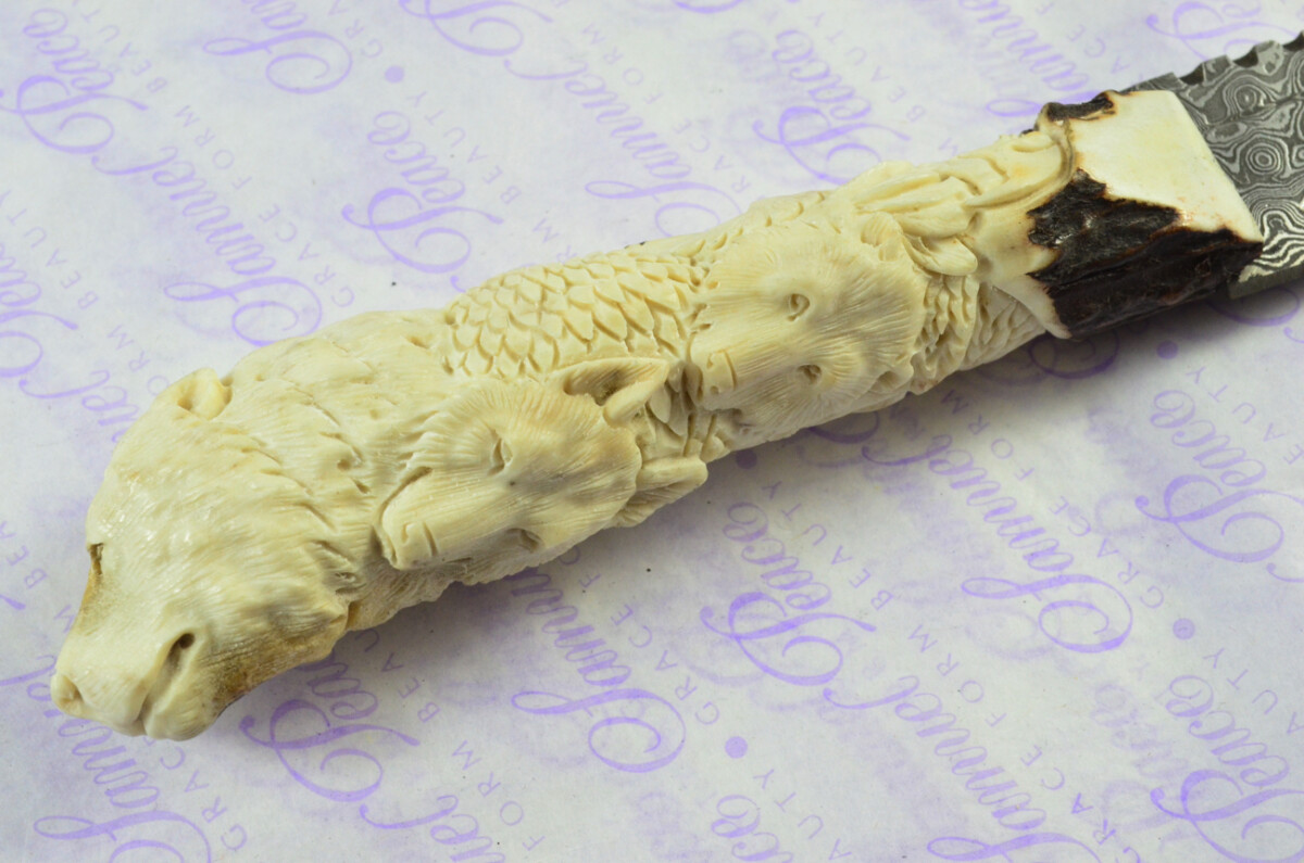 Amazing Bespoke Hand Carved Bear Scene Stag Horn Antler Handle Sgian Dubh Damascus Blade Sheffield England - Image 6