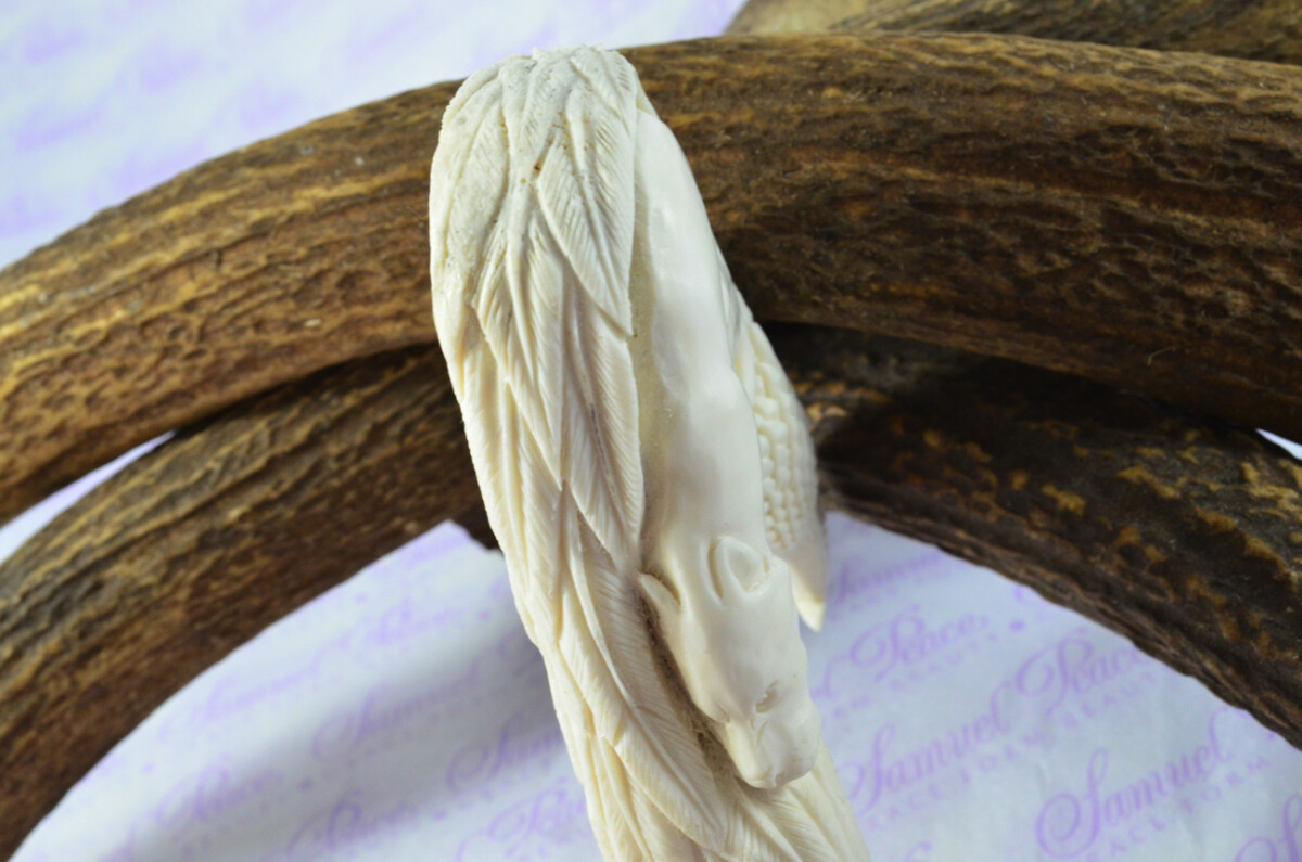 Astonishing Hand Carved American Eagle & Wolf Walking Stick Cane Top Handle Stag Antler Horn Made Sheffield England - Image 6