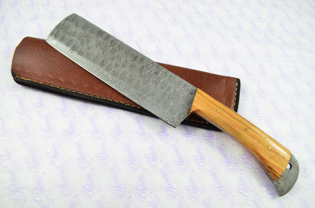 Hand Forged Damascus Steel Olive Wood Cleaver Kitchen Knife with Leather Sheath