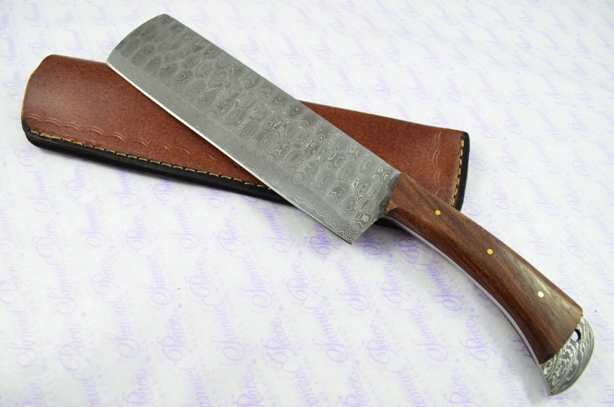 Hand Forged Damascus Steel Rose Wood Cleaver Kitchen Knife with Leather Sheath