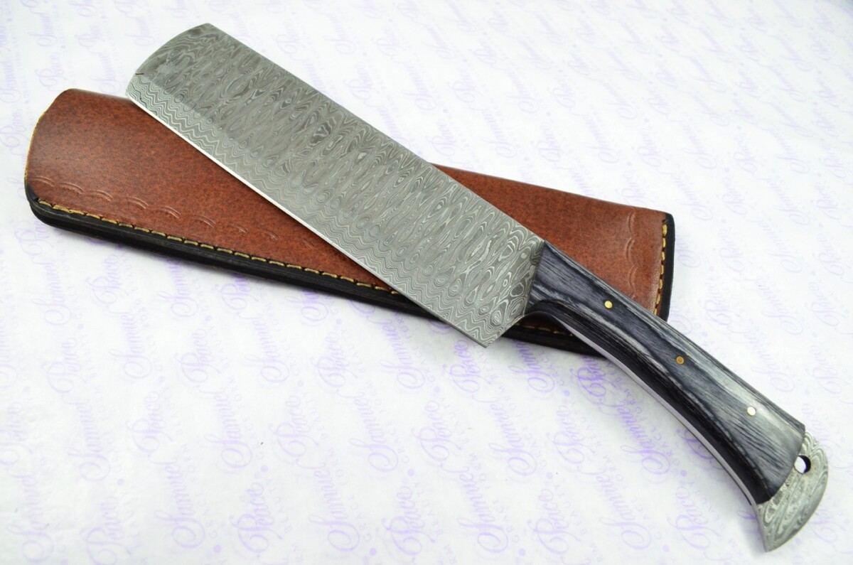 Hand Forged Damascus Steel Laminate Wood Cleaver Kitchen Knife with Leather Sheath