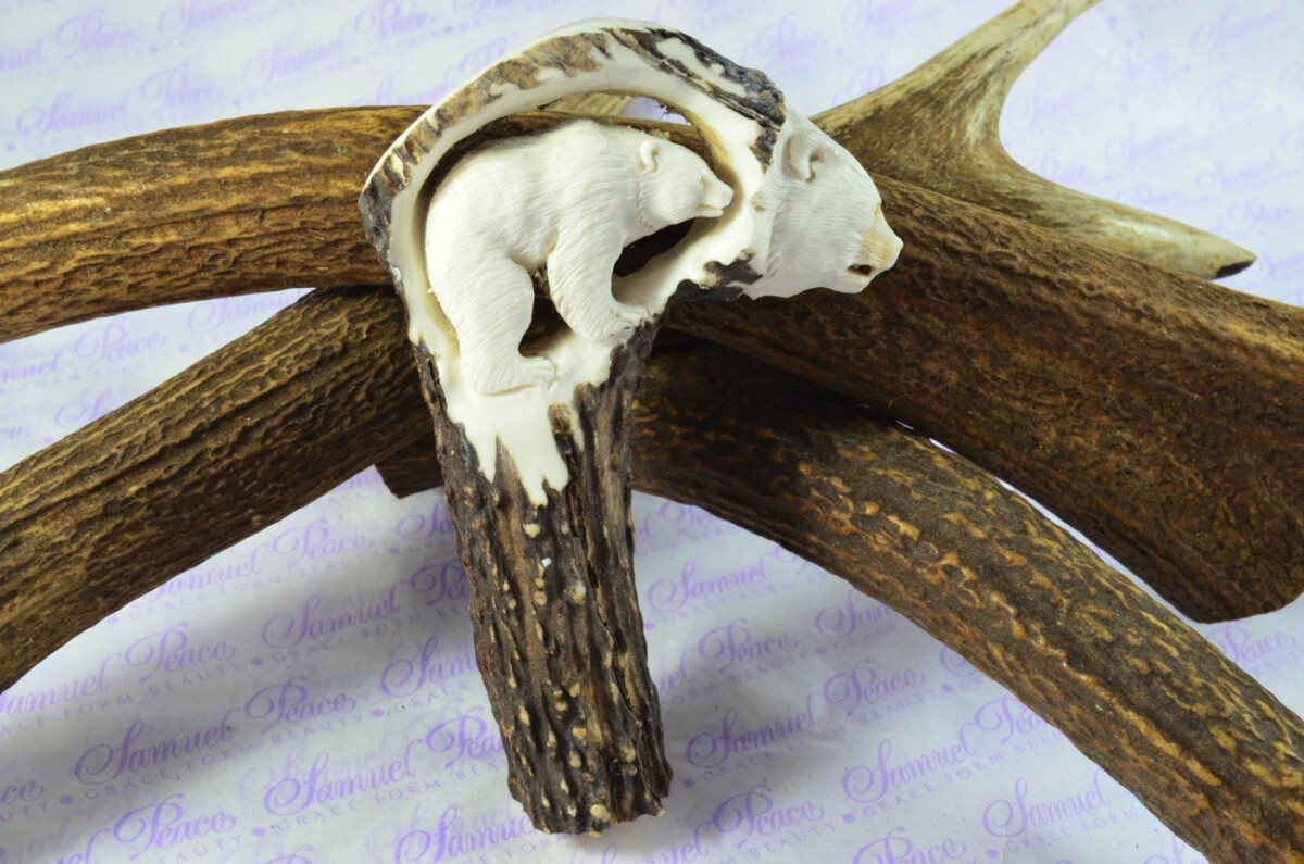 Fantastic Hand Carved Brown Bear Walking Stick Cane Top Handle Stag Antler Horn Made Sheffield England