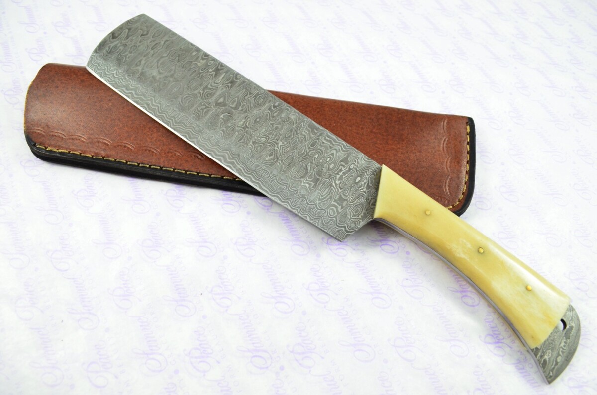 Hand Forged Damascus Steel Camel Bone Cleaver Kitchen Knife with Leather Sheath