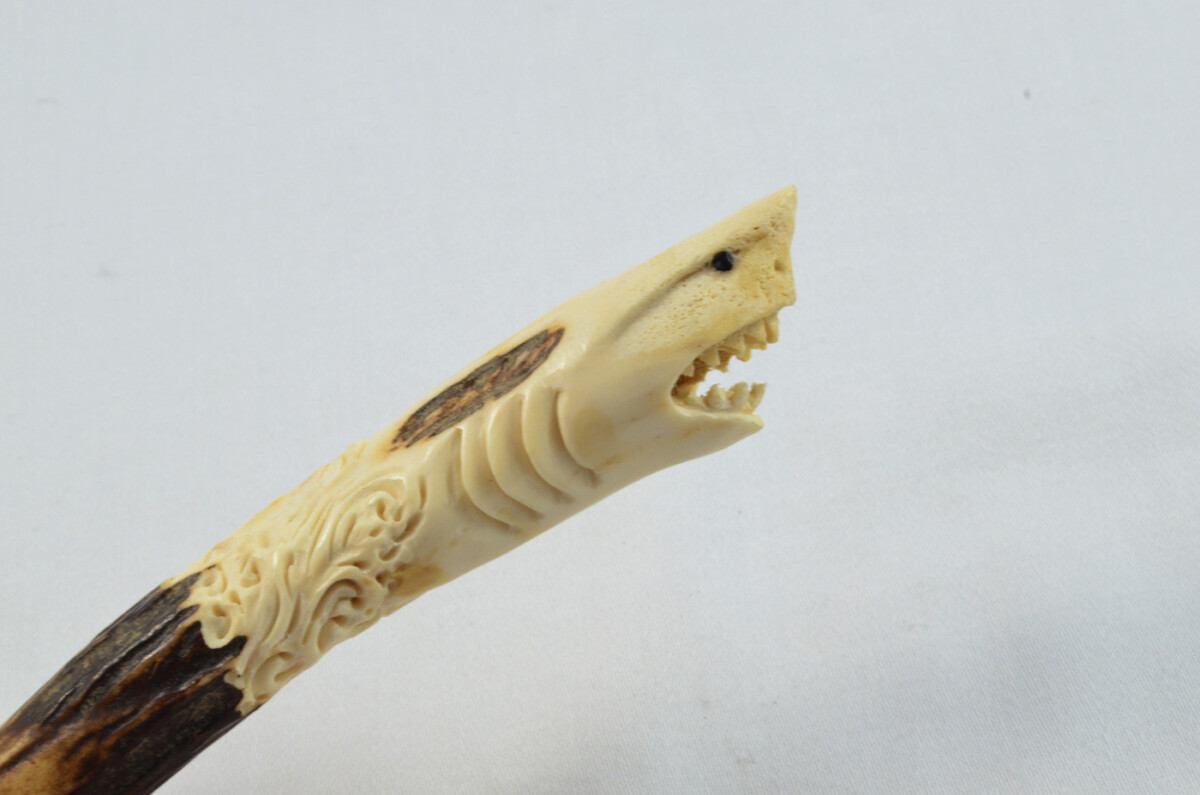 Shark Carved Walking Stick Cane Top Handle Stag Antler Horn Made Sheffield England