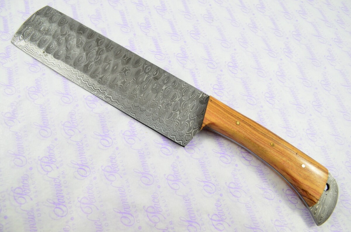 Hand Forged Damascus Steel Olive Wood Cleaver Kitchen Knife with Leather Sheath - Image 2
