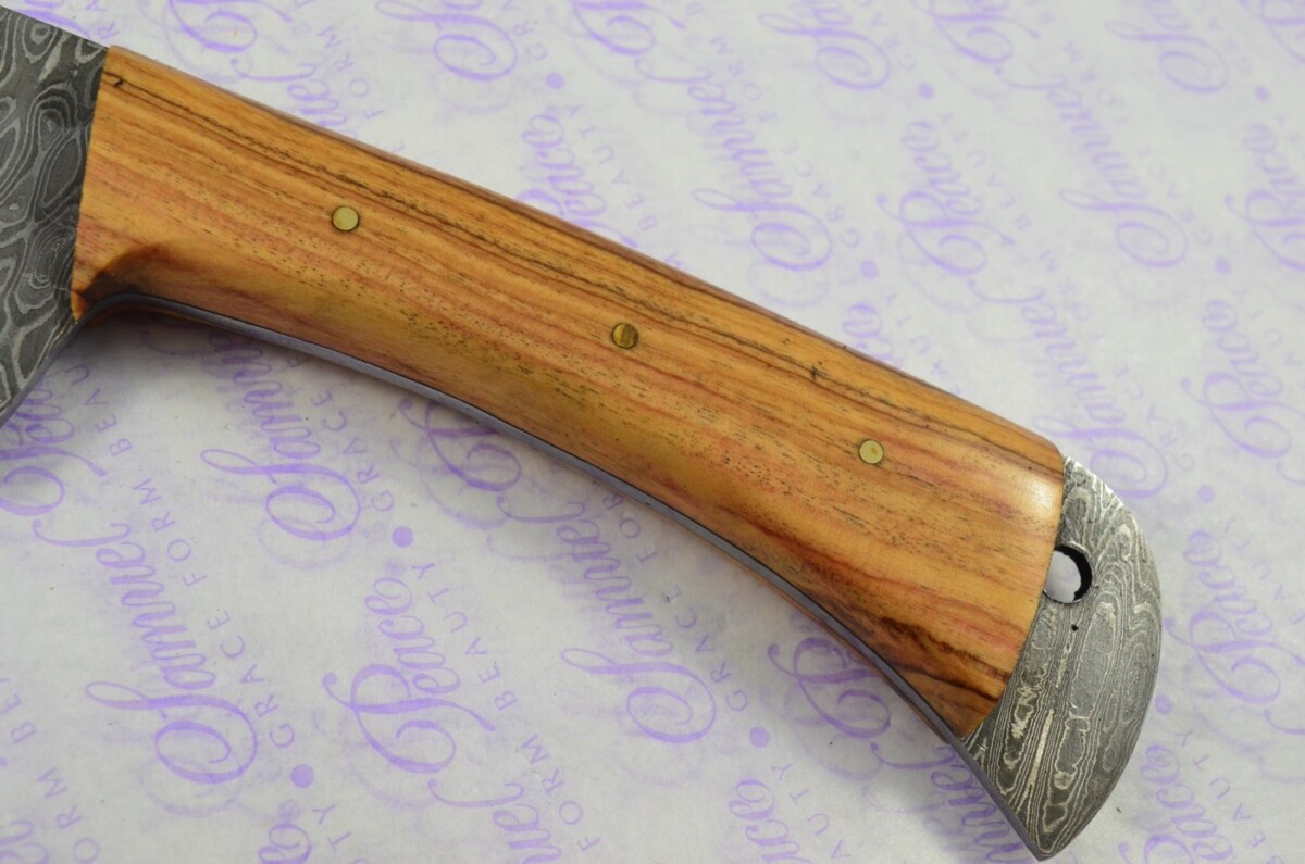 Hand Forged Damascus Steel Olive Wood Cleaver Kitchen Knife with Leather Sheath - Image 3