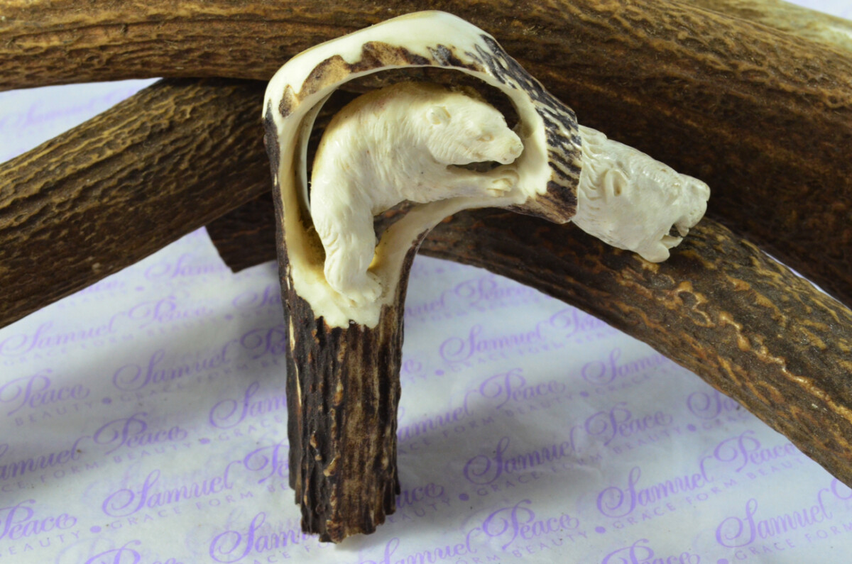 Amazing Hand Carved Brown Bear Walking Stick Cane Top Handle Stag Antler Horn Made Sheffield England