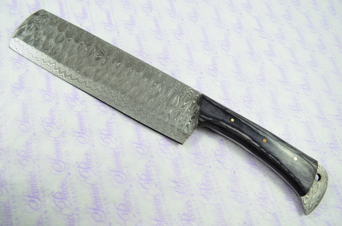 Hand Forged Damascus Steel Laminate Wood Cleaver Kitchen Knife with Leather Sheath - Image 2