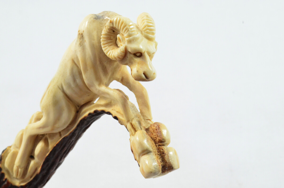 Ram Carved Walking Stick Cane Top Handle Stag Antler Horn Made Sheffield England - Image 3