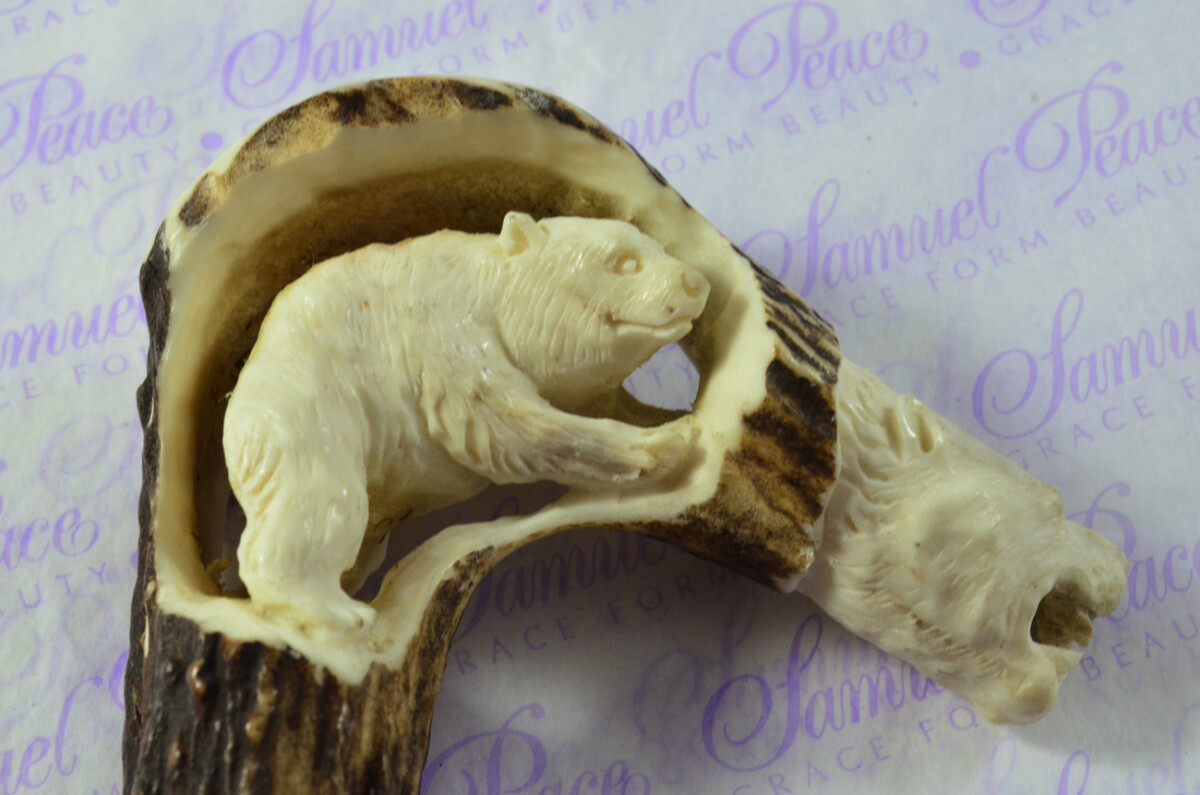 Amazing Hand Carved Brown Bear Walking Stick Cane Top Handle Stag Antler Horn Made Sheffield England - Image 5