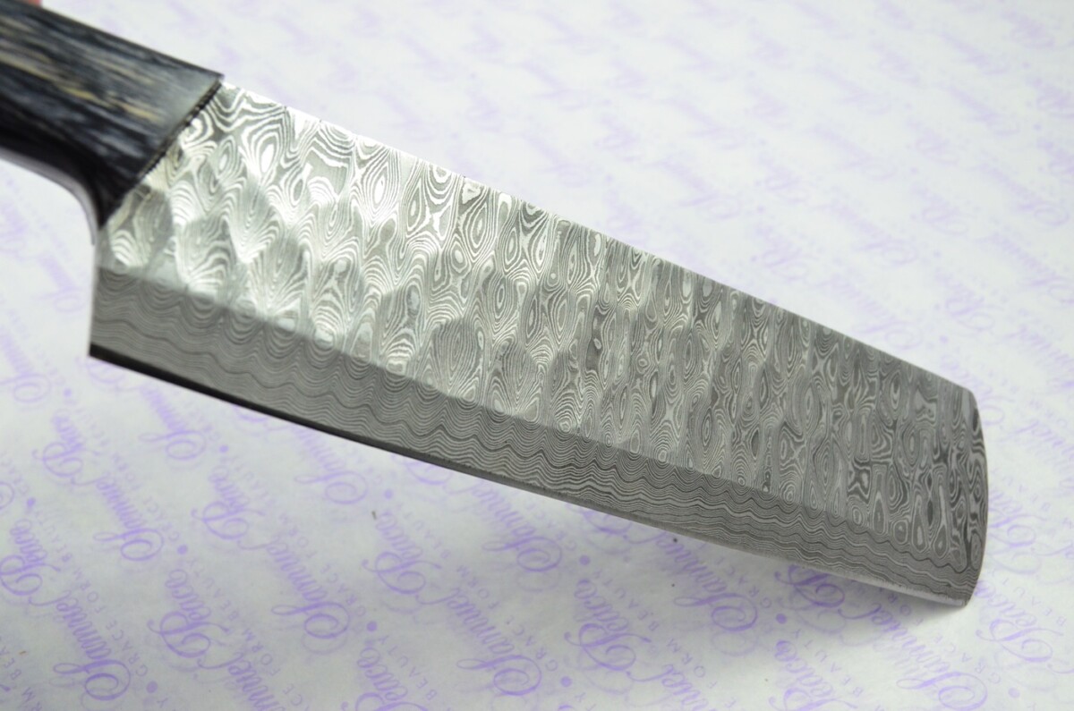 Hand Forged Damascus Steel Laminate Wood Cleaver Kitchen Knife with Leather Sheath - Image 4