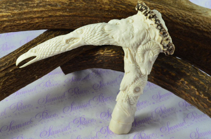 Superb Hand Carved Eagle & Ram Walking Stick Cane Top Handle Stag Antler Horn Made Sheffield England