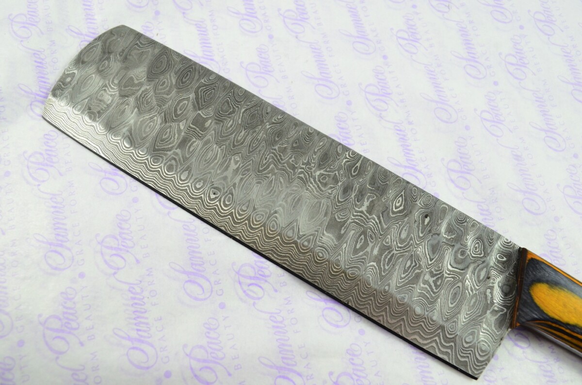 Hand Forged Damascus Steel Laminate Wood Cleaver Kitchen Knife with Leather Sheath - Image 4