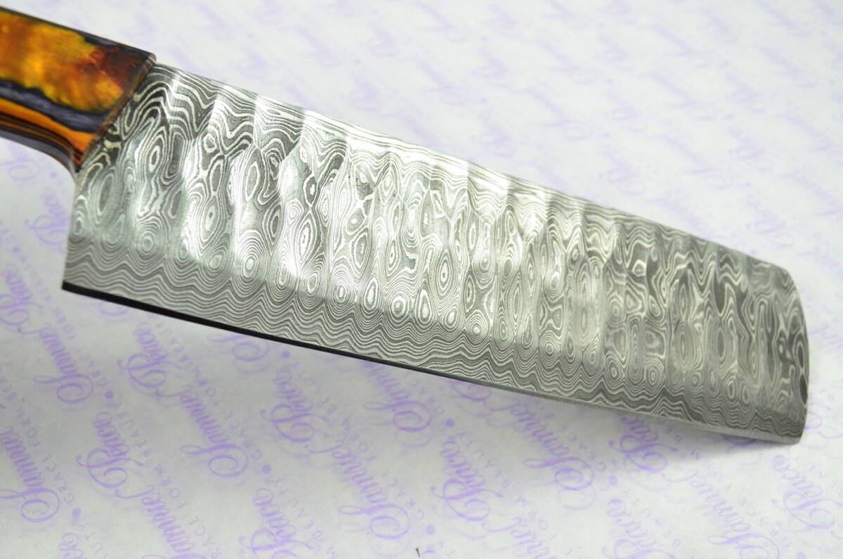 Hand Forged Damascus Steel Laminate Wood Cleaver Kitchen Knife with Leather Sheath - Image 5