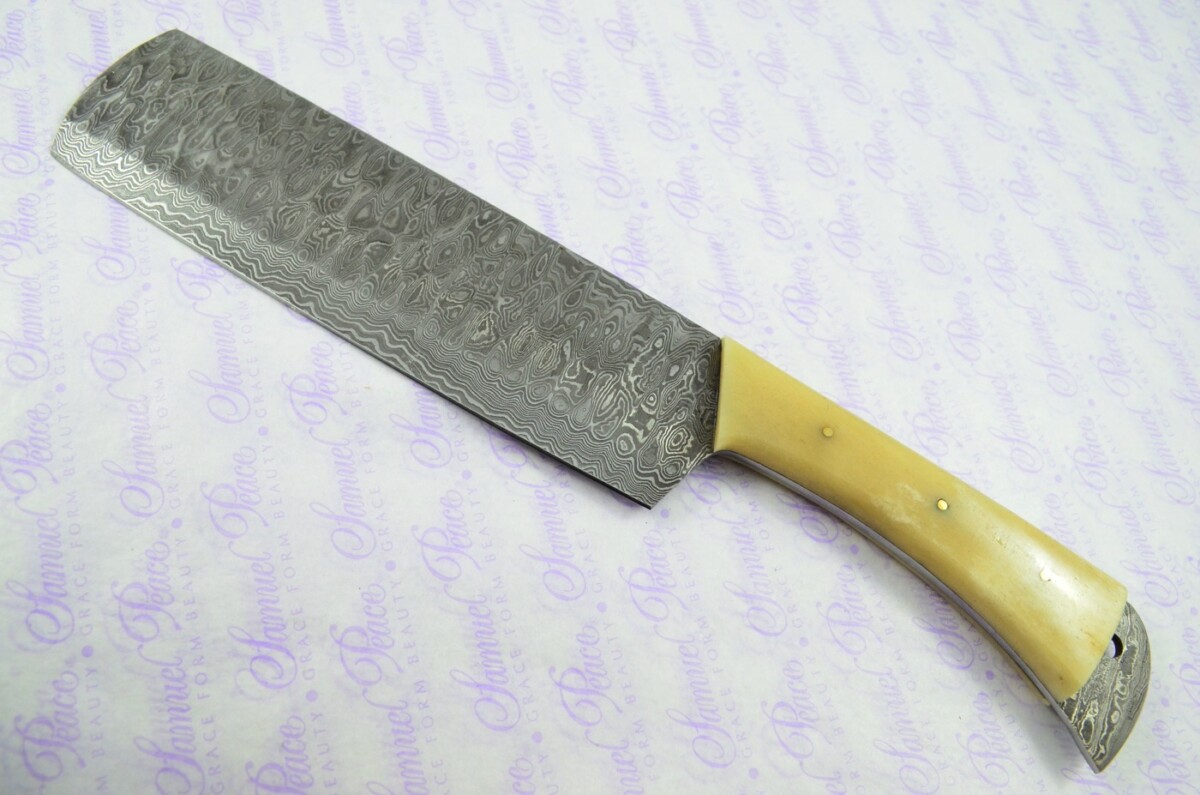Hand Forged Damascus Steel Camel Bone Cleaver Kitchen Knife with Leather Sheath - Image 2