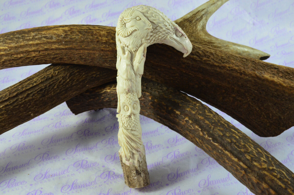 Special Hand Carved Eagle & Owl Walking Stick Cane Top Handle Stag Antler Horn Made Sheffield England