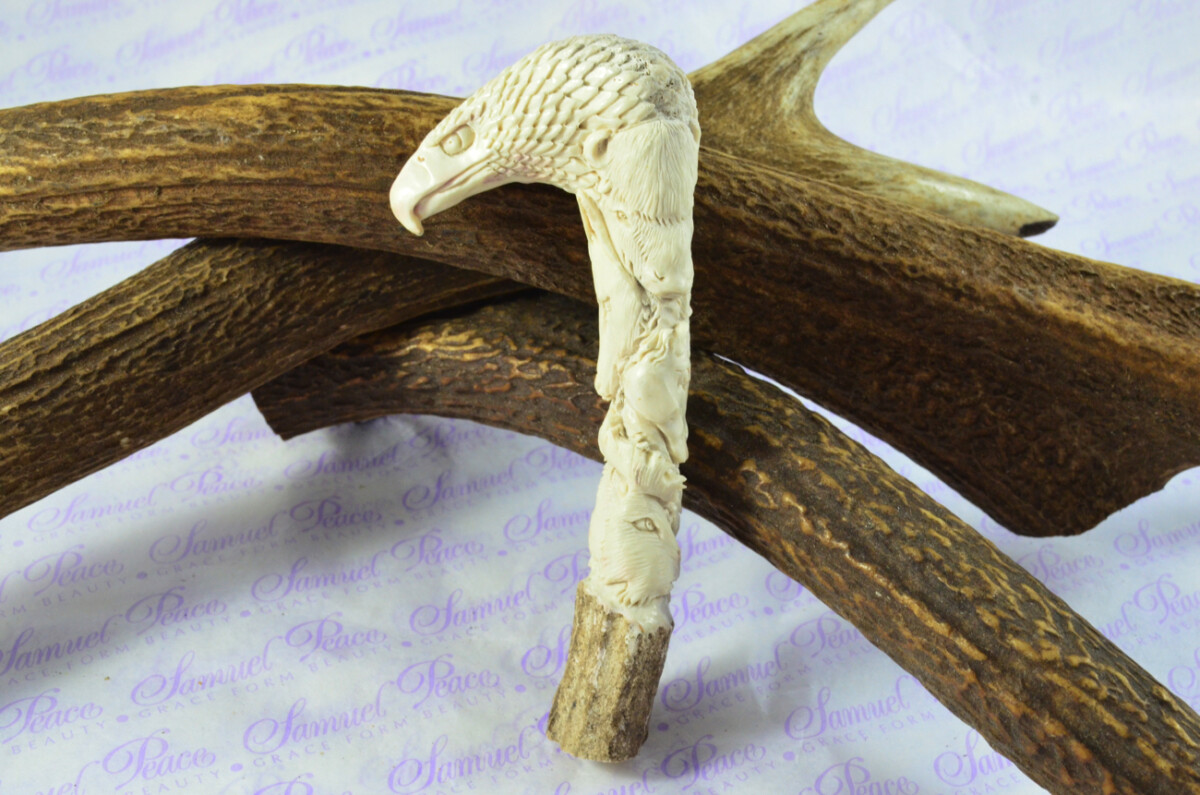 Special Hand Carved Eagle & Owl Walking Stick Cane Top Handle Stag Antler Horn Made Sheffield England - Image 2