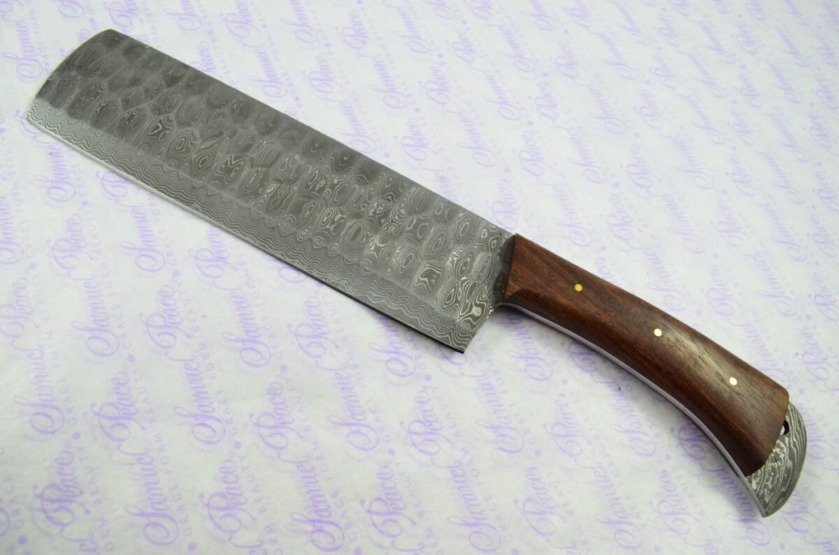 Hand Forged Damascus Steel Rose Wood Cleaver Kitchen Knife with Leather Sheath - Image 2