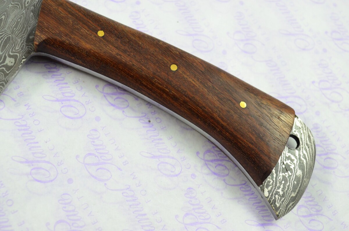 Hand Forged Damascus Steel Rose Wood Cleaver Kitchen Knife with Leather Sheath - Image 3