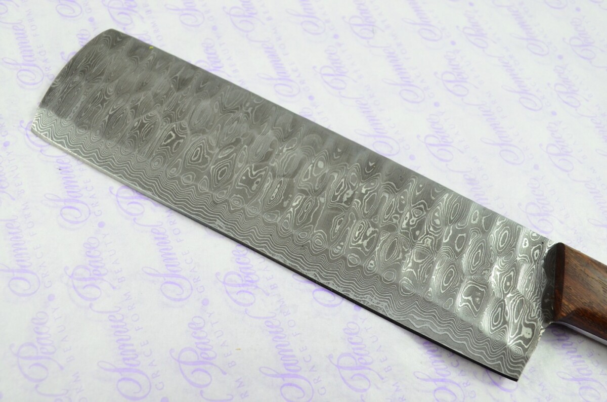 Hand Forged Damascus Steel Rose Wood Cleaver Kitchen Knife with Leather Sheath - Image 4