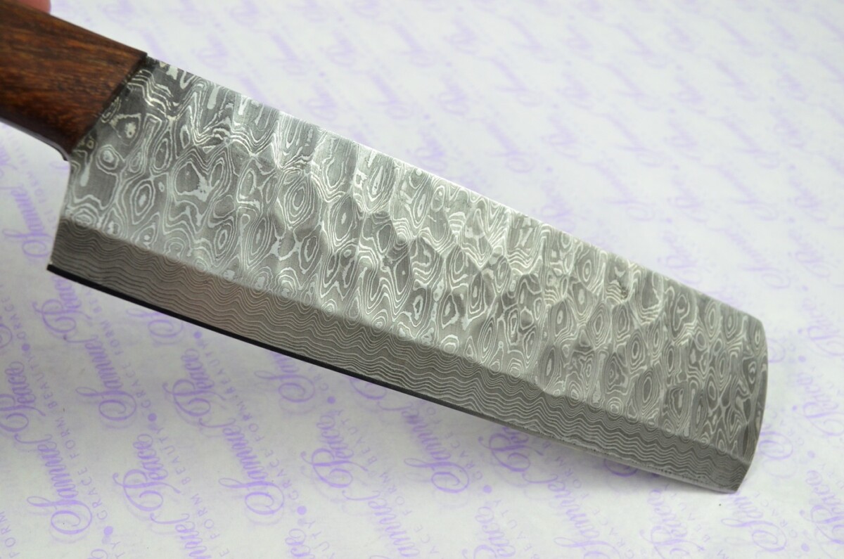 Hand Forged Damascus Steel Rose Wood Cleaver Kitchen Knife with Leather Sheath - Image 5