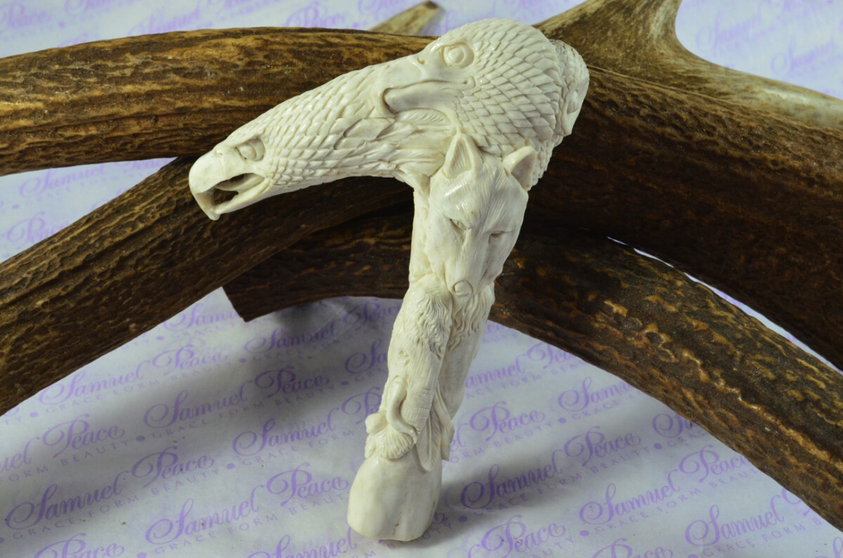 Delightful Hand Carved Eagle & Mammoth Walking Stick Cane Top Handle Stag Antler Horn Made Sheffield England