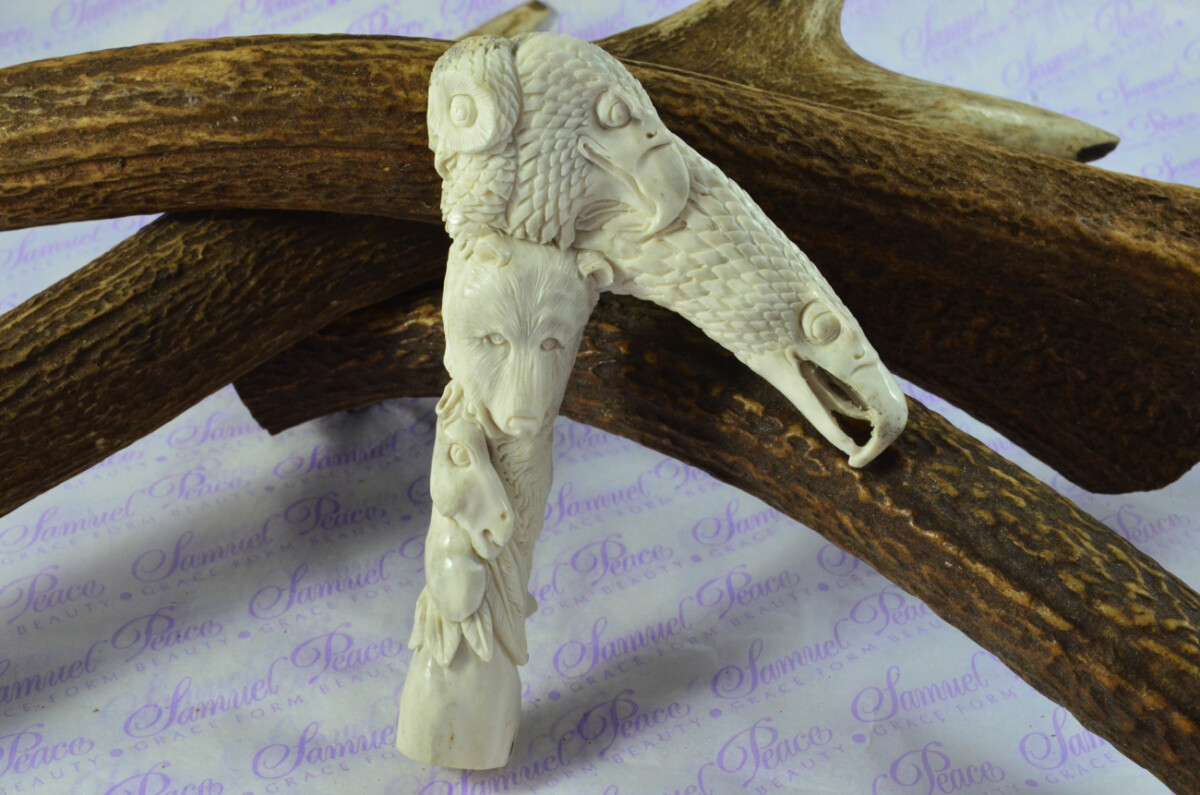 Delightful Hand Carved Eagle & Mammoth Walking Stick Cane Top Handle Stag Antler Horn Made Sheffield England - Image 2