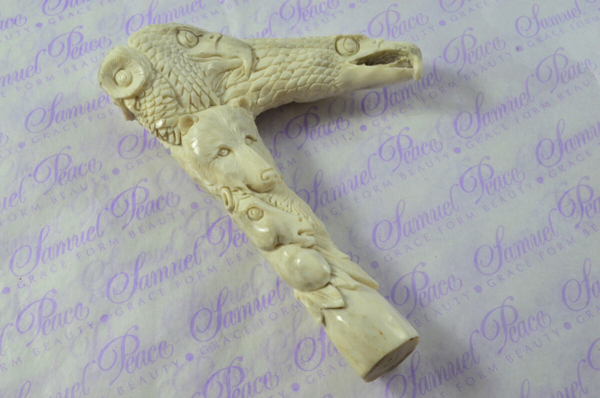 Delightful Hand Carved Eagle & Mammoth Walking Stick Cane Top Handle Stag Antler Horn Made Sheffield England - Image 3