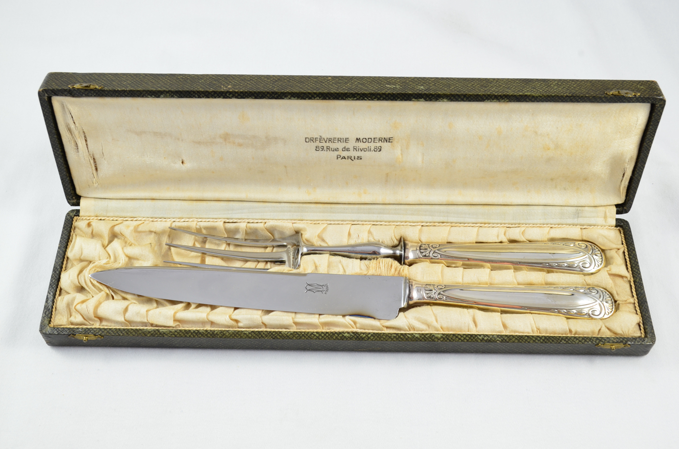 Rare Art Deco French Silver Plated 2 Piece Carving Set in Original Presentation Case c.1930 – Orfèvrerie Moderne, Paris