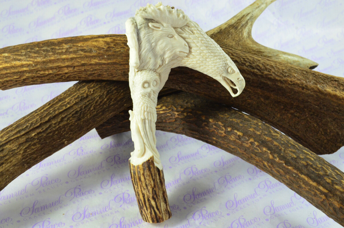 Breathtaking Hand Carved Moose & Bald Eagle Walking Stick Cane Top Handle Stag Antler Horn Made Sheffield England