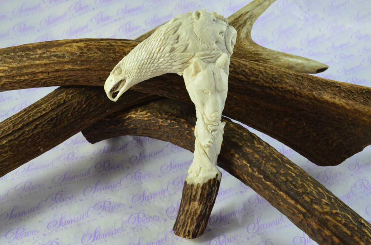 Breathtaking Hand Carved Moose & Bald Eagle Walking Stick Cane Top Handle Stag Antler Horn Made Sheffield England - Image 2