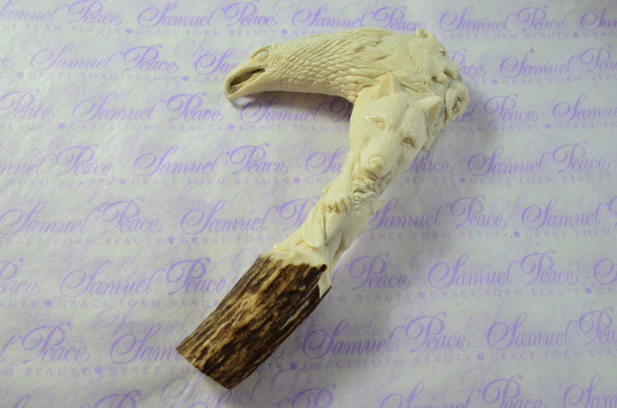 Breathtaking Hand Carved Moose & Bald Eagle Walking Stick Cane Top Handle Stag Antler Horn Made Sheffield England - Image 3