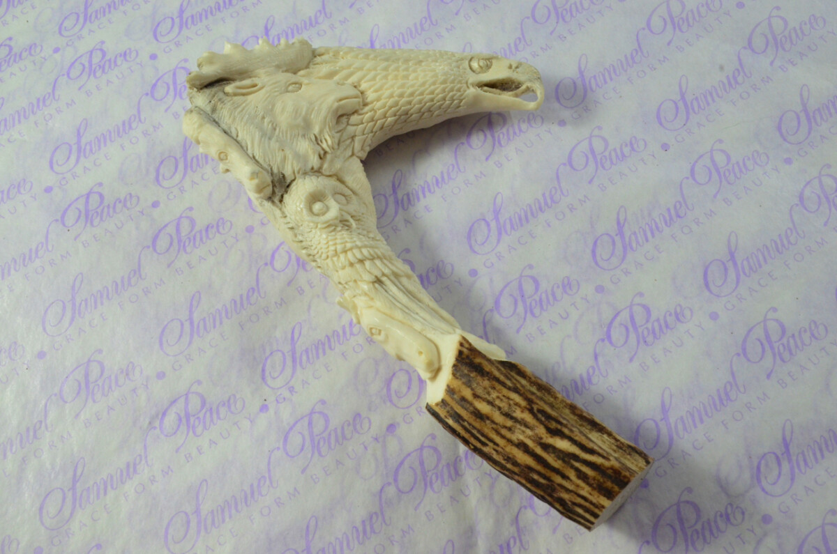Breathtaking Hand Carved Moose & Bald Eagle Walking Stick Cane Top Handle Stag Antler Horn Made Sheffield England - Image 4
