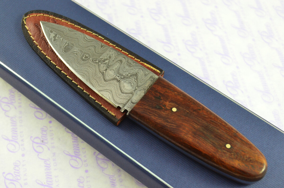 New Genuine Damascus Steel Bespoke Scale Tang Kiln Dried Ironwood Handle Sheffield Sgian Dubh with Leather Sheath Boxed