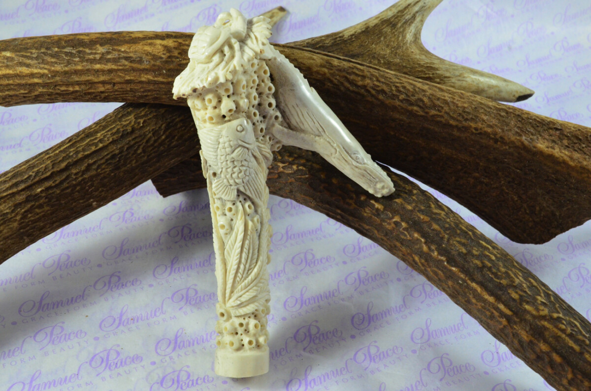 Breathtaking Hand Carved Wales & Aquatic Life Walking Stick Cane Top Handle Stag Antler Horn Made Sheffield England - Image 2