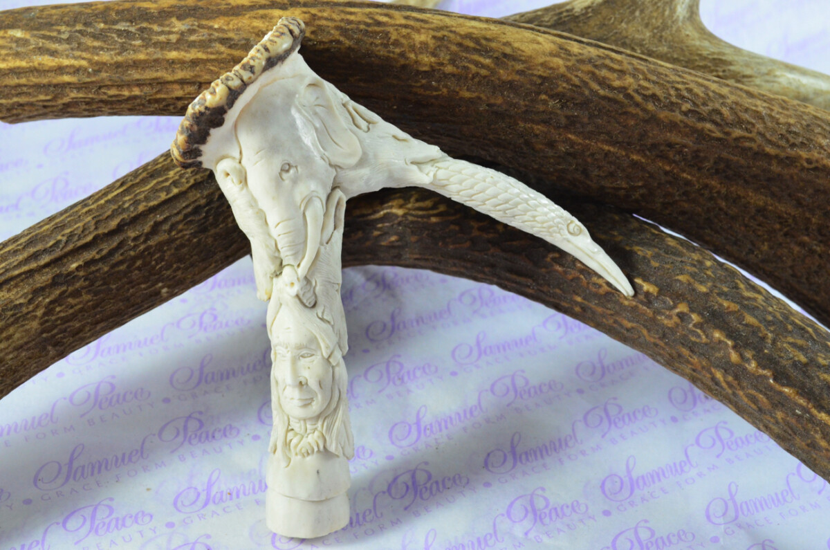 Awesome Hand Carved Eagle & Elephant Walking Stick Cane Top Handle Stag Antler Horn Made Sheffield England - Image 2