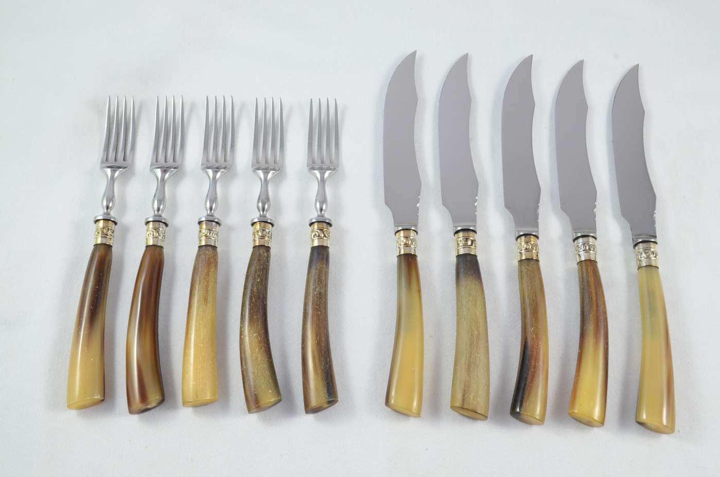 Set of Water Buffalo Handled 5 Knives & 5 Forks Knives with Silver Plated Ferrules