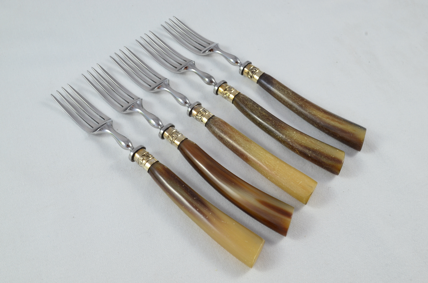 Set of Water Buffalo Handled 5 Knives & 5 Forks Knives with Silver Plated Ferrules - Image 2
